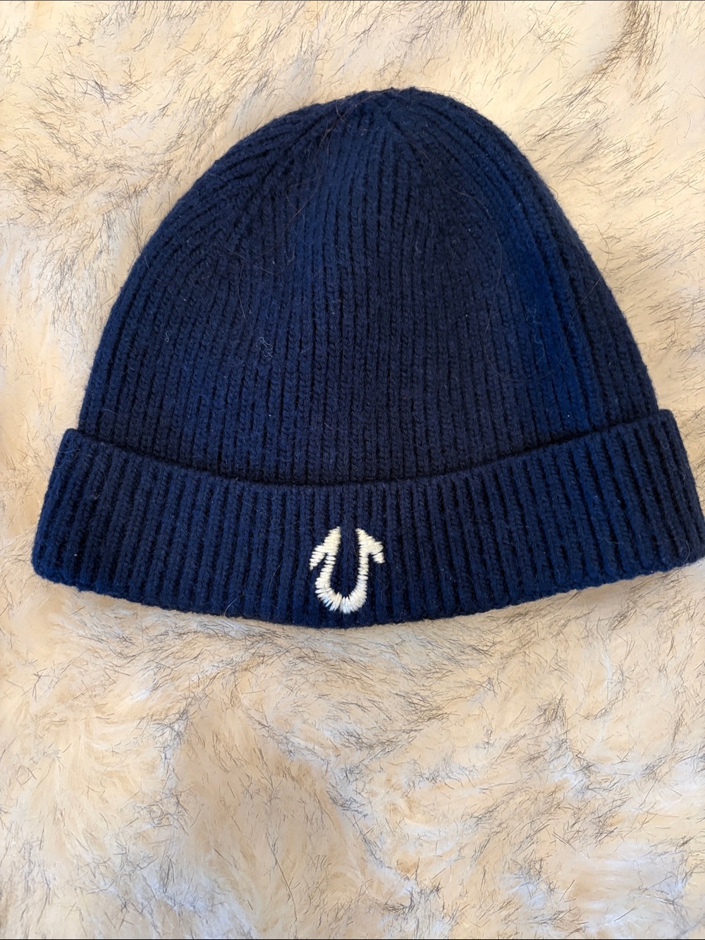 True Religion Navy Knit Beanie with White Horseshoe Logo
